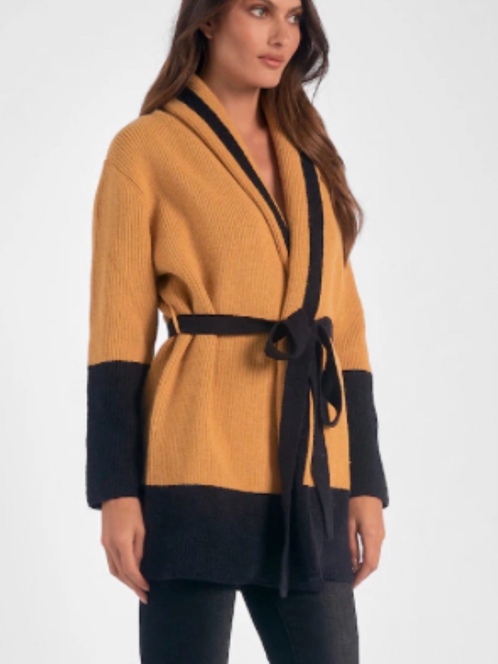 Elan Mustard and Black Front Tie Belted Wrap Cardigan